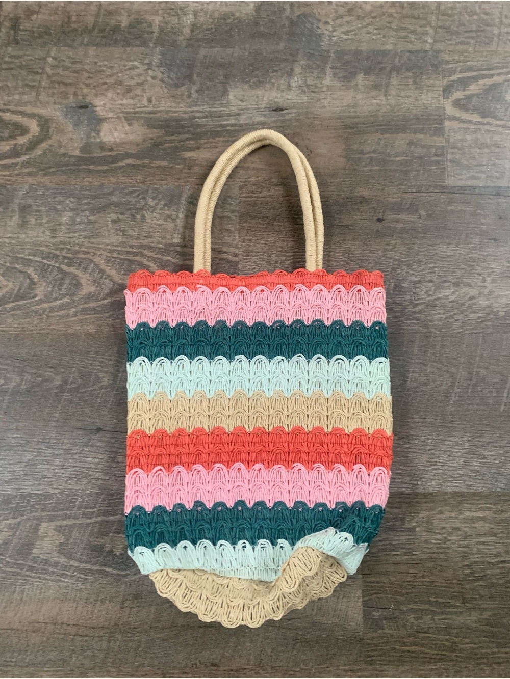 Striped Coastal Crochet Tote Bag in Coral, Pink, Teal & Cream